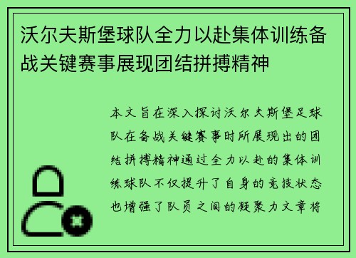 沃尔夫斯堡球队全力以赴集体训练备战关键赛事展现团结拼搏精神