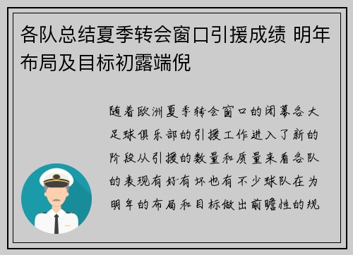 各队总结夏季转会窗口引援成绩 明年布局及目标初露端倪