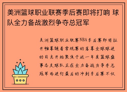美洲篮球职业联赛季后赛即将打响 球队全力备战激烈争夺总冠军
