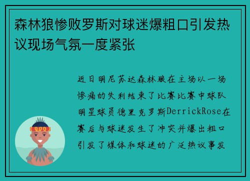 森林狼惨败罗斯对球迷爆粗口引发热议现场气氛一度紧张
