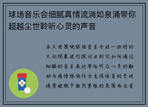 球场音乐会细腻真情流淌如泉涌带你超越尘世聆听心灵的声音