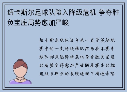 纽卡斯尔足球队陷入降级危机 争夺胜负宝座局势愈加严峻