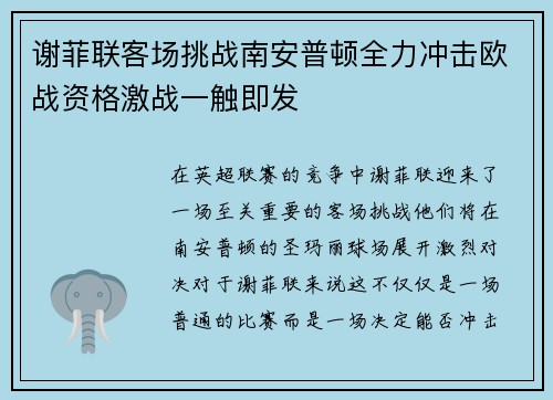 谢菲联客场挑战南安普顿全力冲击欧战资格激战一触即发