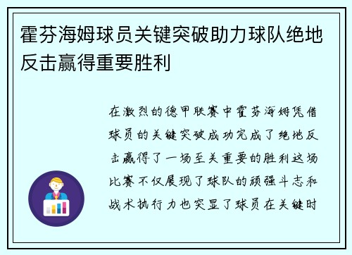 霍芬海姆球员关键突破助力球队绝地反击赢得重要胜利