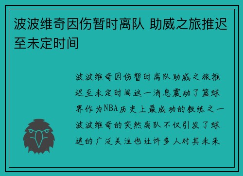 波波维奇因伤暂时离队 助威之旅推迟至未定时间